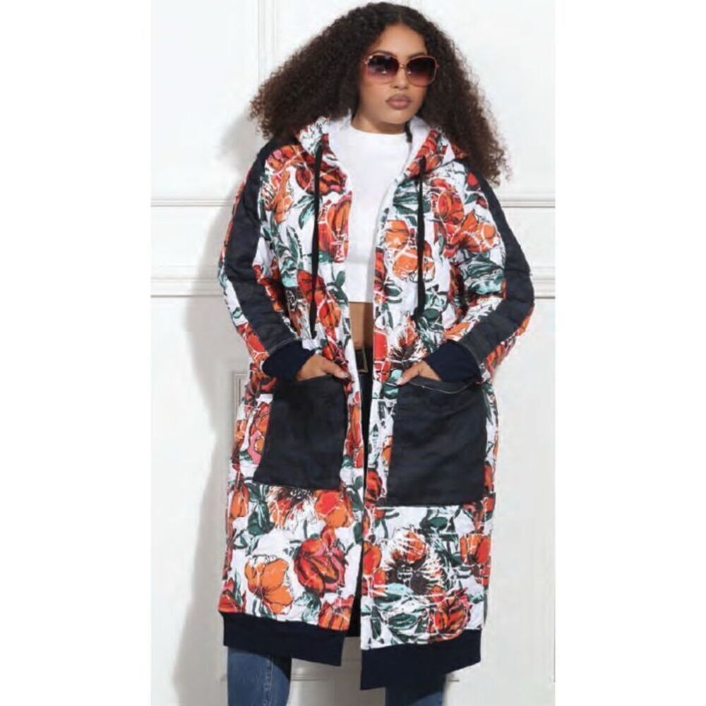 Luxe Moda - Black Denim - Rose Long Sleeve Print Coat With Patch Pockets Winter